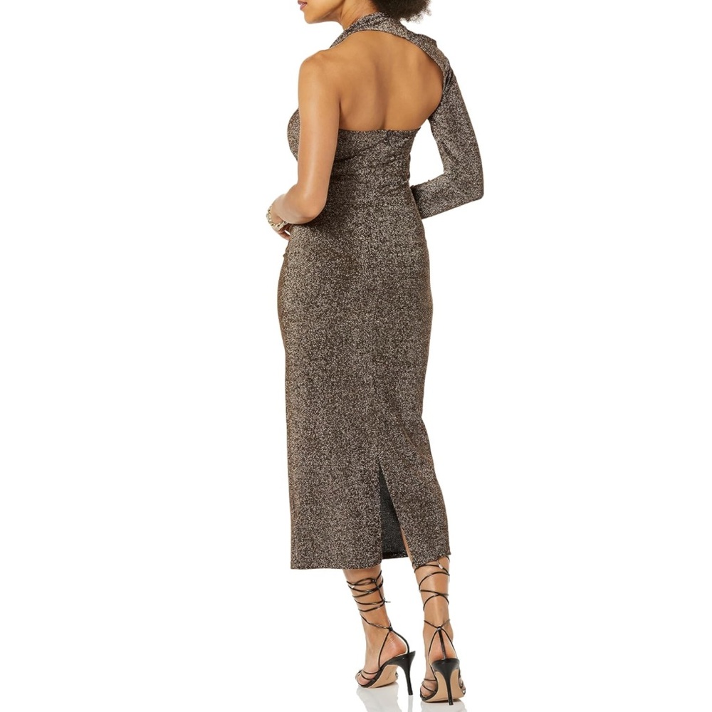 NWT TEREA Womens Nola One Shoulder Gold Metallic Sparkle Midi Dress Size XL - Picture 3 of 8